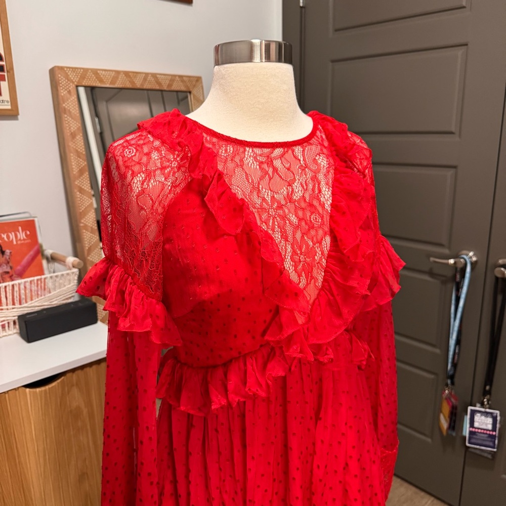 Free People Red Ruffle Swiss Dot Long-Sleeve Mini Dress XS - Picture 4 of 9